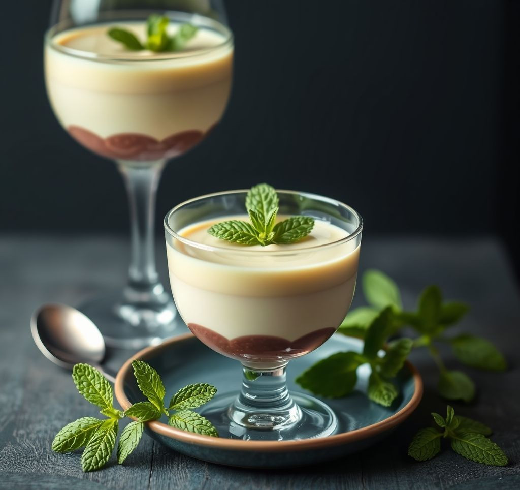 Panna Cotta mit Erdbeersauce in einem Glas, dekoriert mit frischen Minzblättern