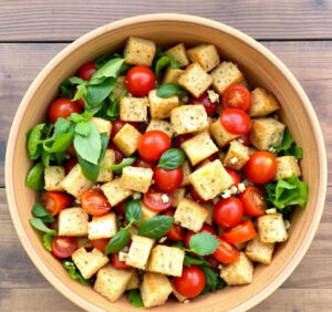 Panzanella Brotsalat in einer großen Schüssel, frische Tomaten und Basilikum