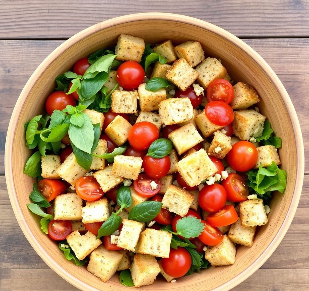 Panzanella Brotsalat in einer großen Schüssel, frische Tomaten und Basilikum
