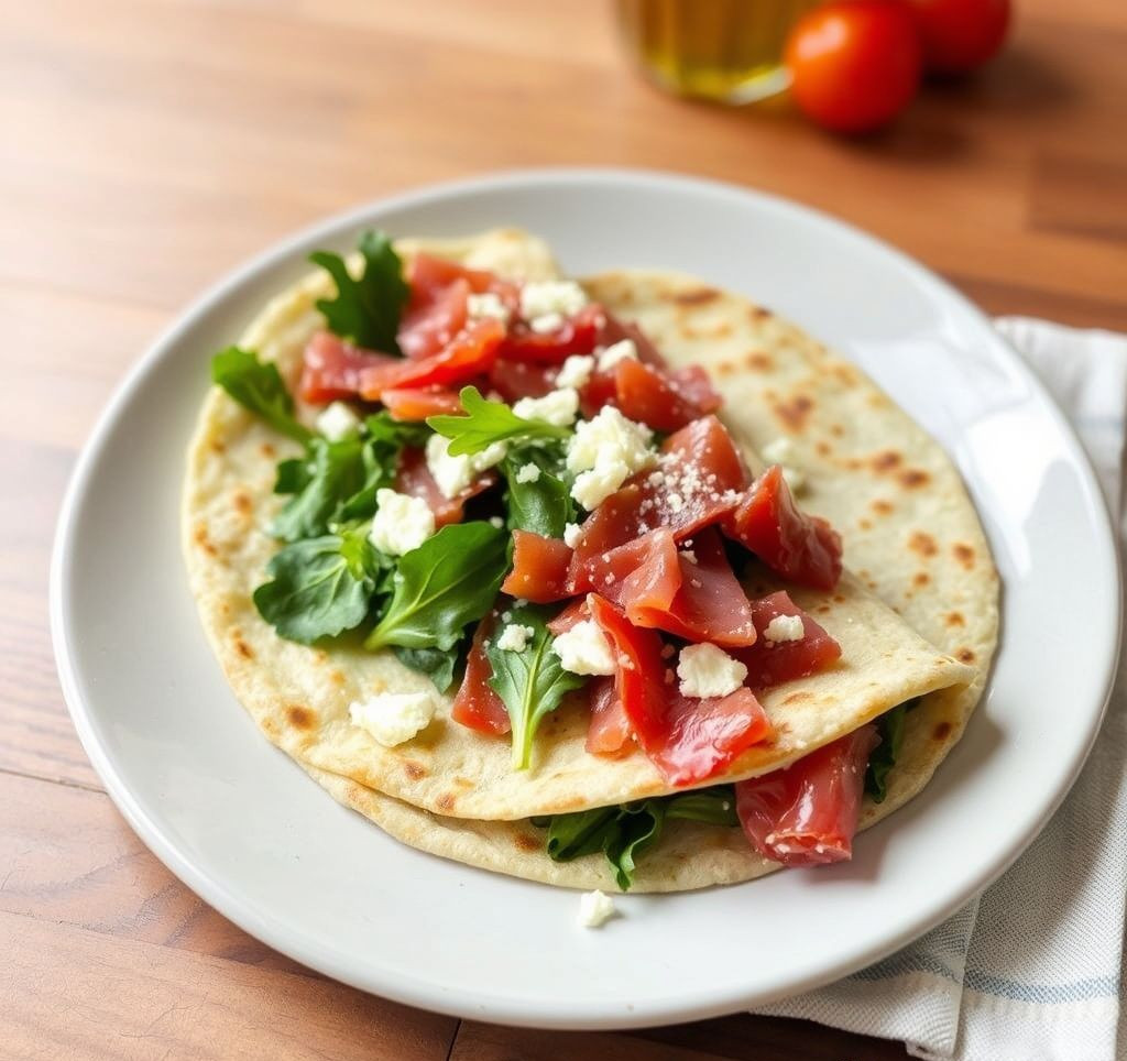 Piadina gefüllt mit Rucola, Bresaola und Pecorino, appetitlich angerichtet