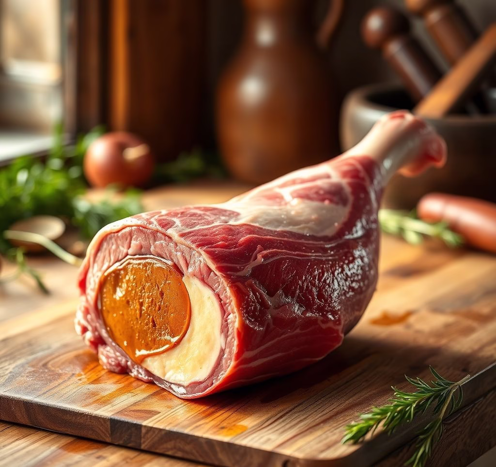 Rohes Kalbfleisch mit Knochenmark, bereit zum Zubereiten von Ossobuco.