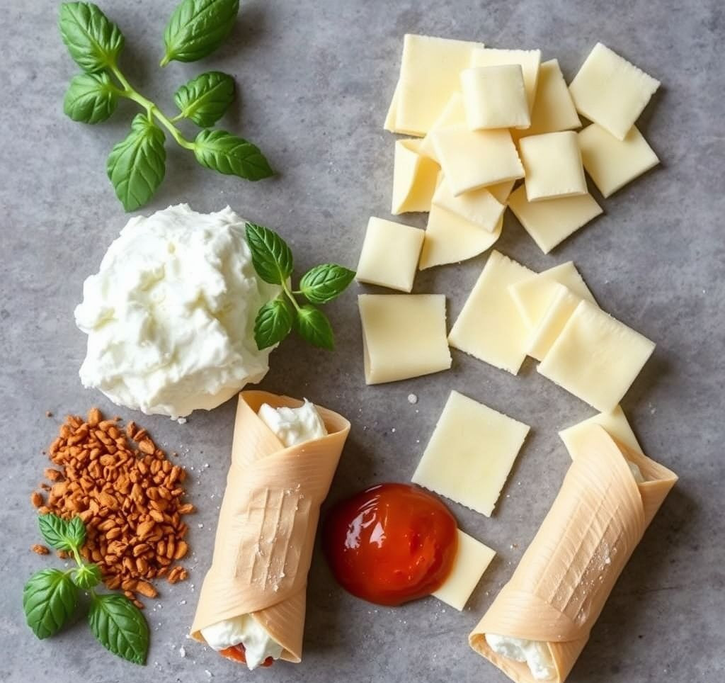 Rohmaterialien für Cannoli, darunter frische Ricotta und ungeformte Teigstücke