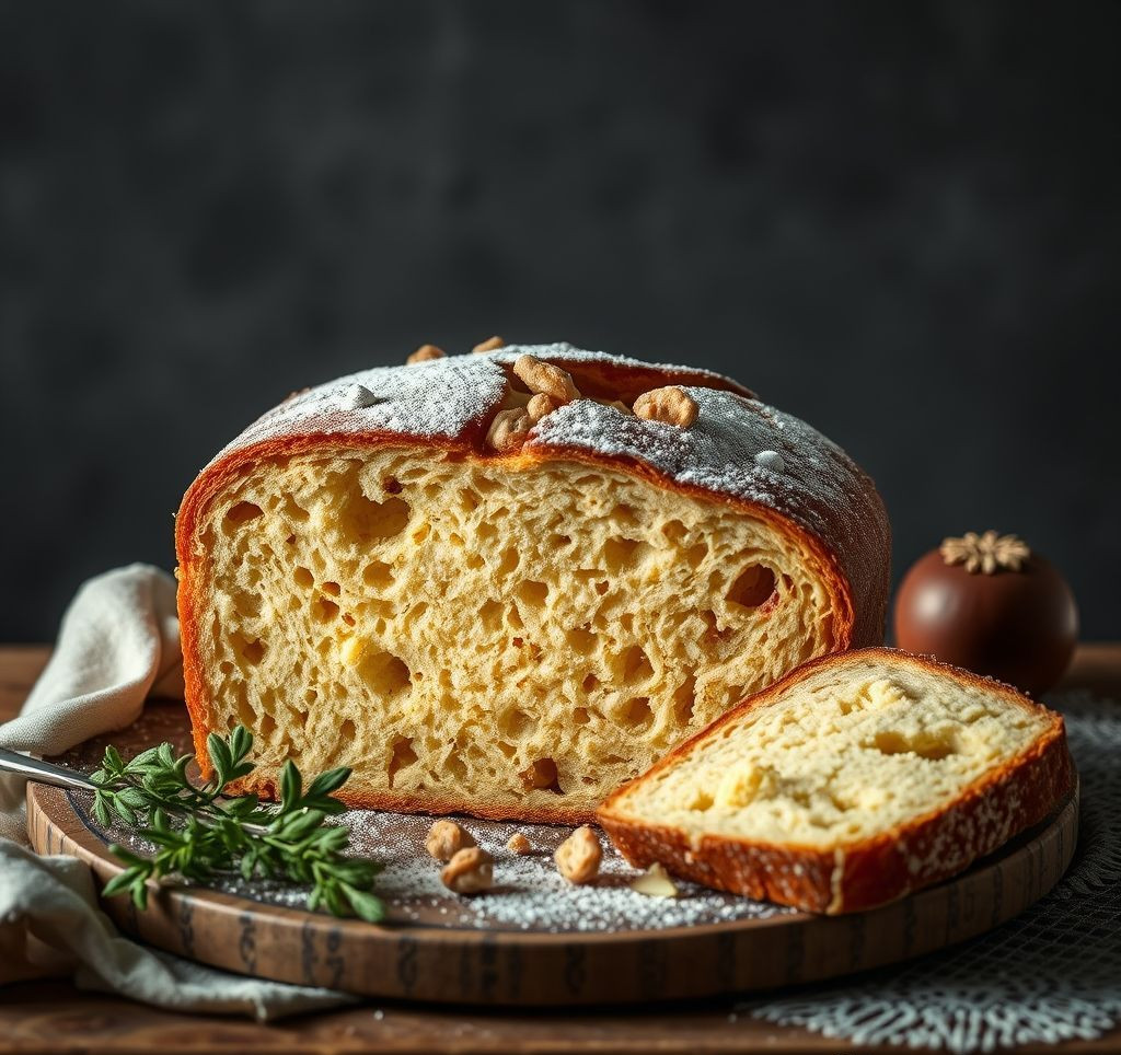 Schnittbild eines Panettone, das die seidige, faserige Struktur und die enthaltenen Früchte zeigt