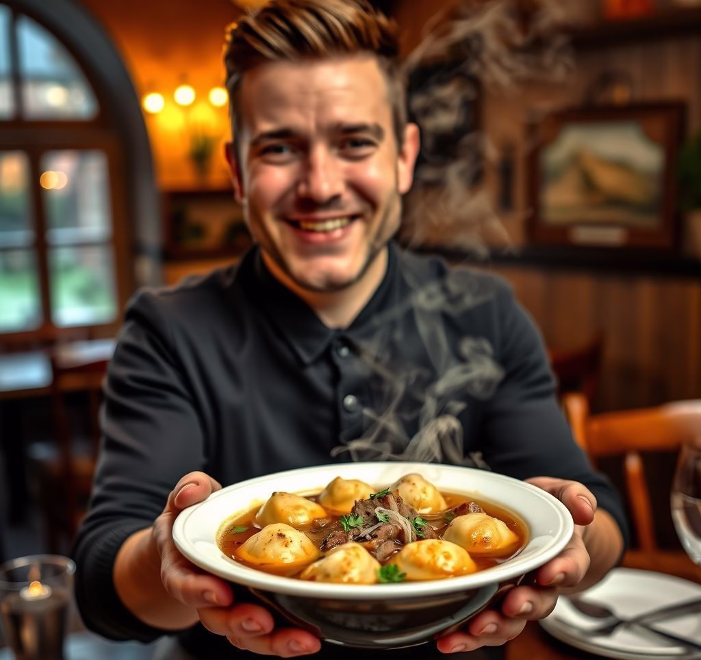 Teller mit goldbraunen Kaspressknödeln in einer klaren Rindssuppe, garniert mit frischer Petersilie