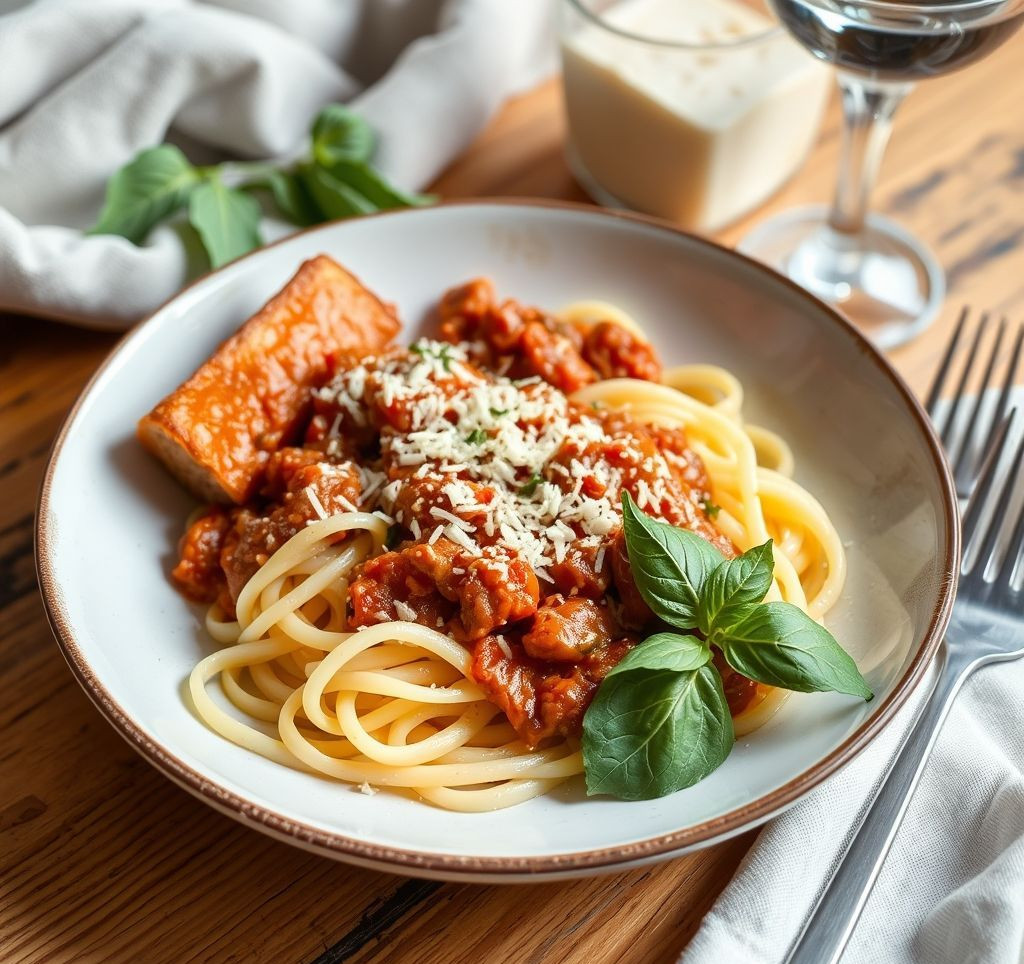 Teller mit Tagliatelle und Ragù alla Bolognese, garniert mit frischer Petersilie