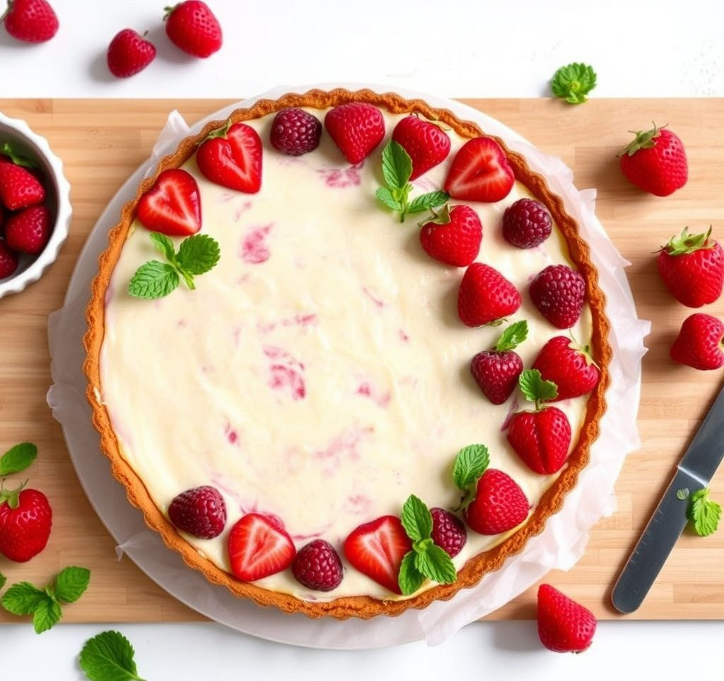 Vegane Himbeer-Käsekuchen-Tarte mit frischen Himbeeren und Minze auf einem Holzbrett: Mittagsmagazin Rezepte Heute