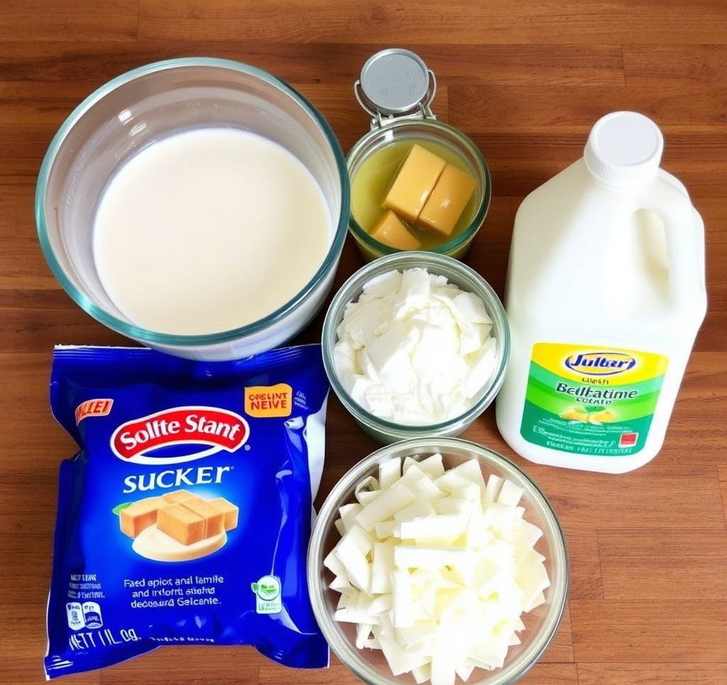 Zutaten für Panna Cotta: Sahne, Milch, Zucker, Vanilleschote und eingeweichte Gelatineblätter